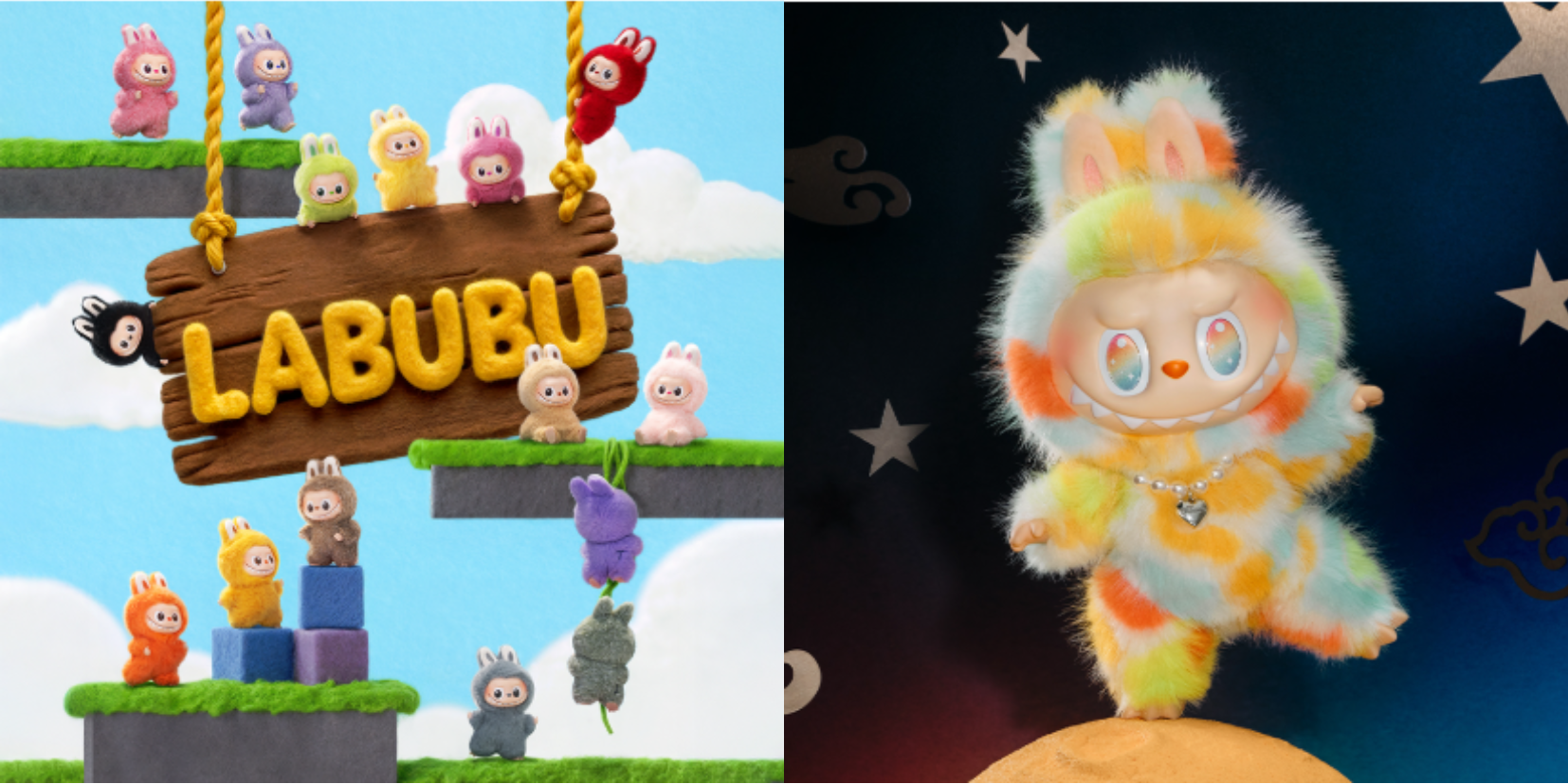 (Left) LABUBU 4.0, Compact and collectible, LABUBU 4.0 comes in a blind box format and is ideal for fans who want to take their favourite character on the go; (Right) ROCK THE UNIVERSE, This 37cm LABUBU plush is crowned with a glowing pearl heart and features vibrant long fur, making it a standout addition to any collector’s display.