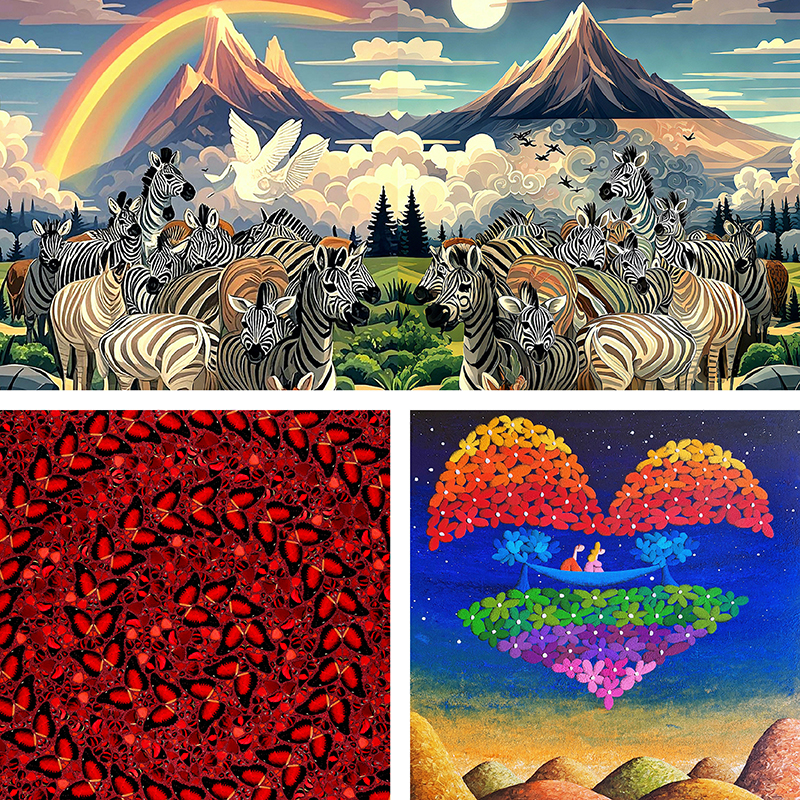 (上方) 族群7 (局部),刘力国, 房间4510; (左下) Taytu Betul (局部), Damien Hirst, TANYA BAXTER CONTEMPORARY, 房间4507 & 4508; (右下) Journey of Being Deeply in Love and Side by Side (局部), Coplu, 于艺画廊, 房间4512