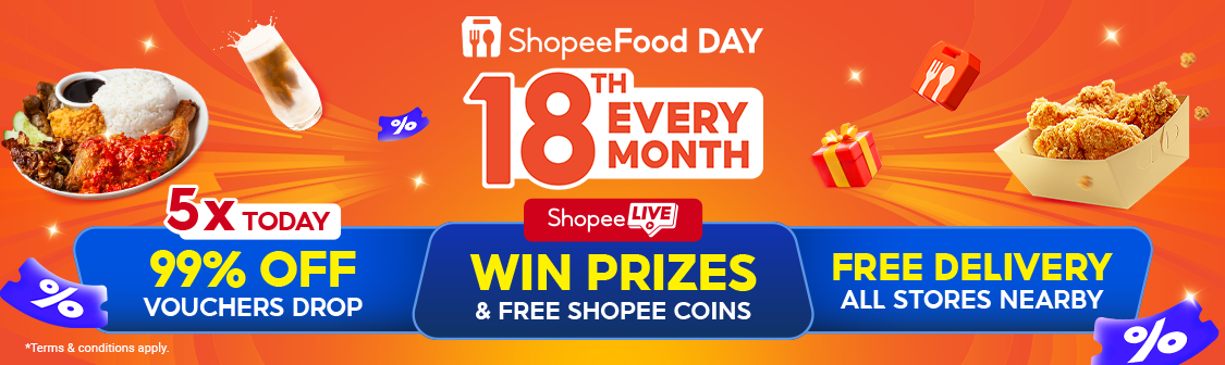 Enjoy 99% discounts, free delivery, and exciting prizes this ShopeeFood Day on 18 May 2026.