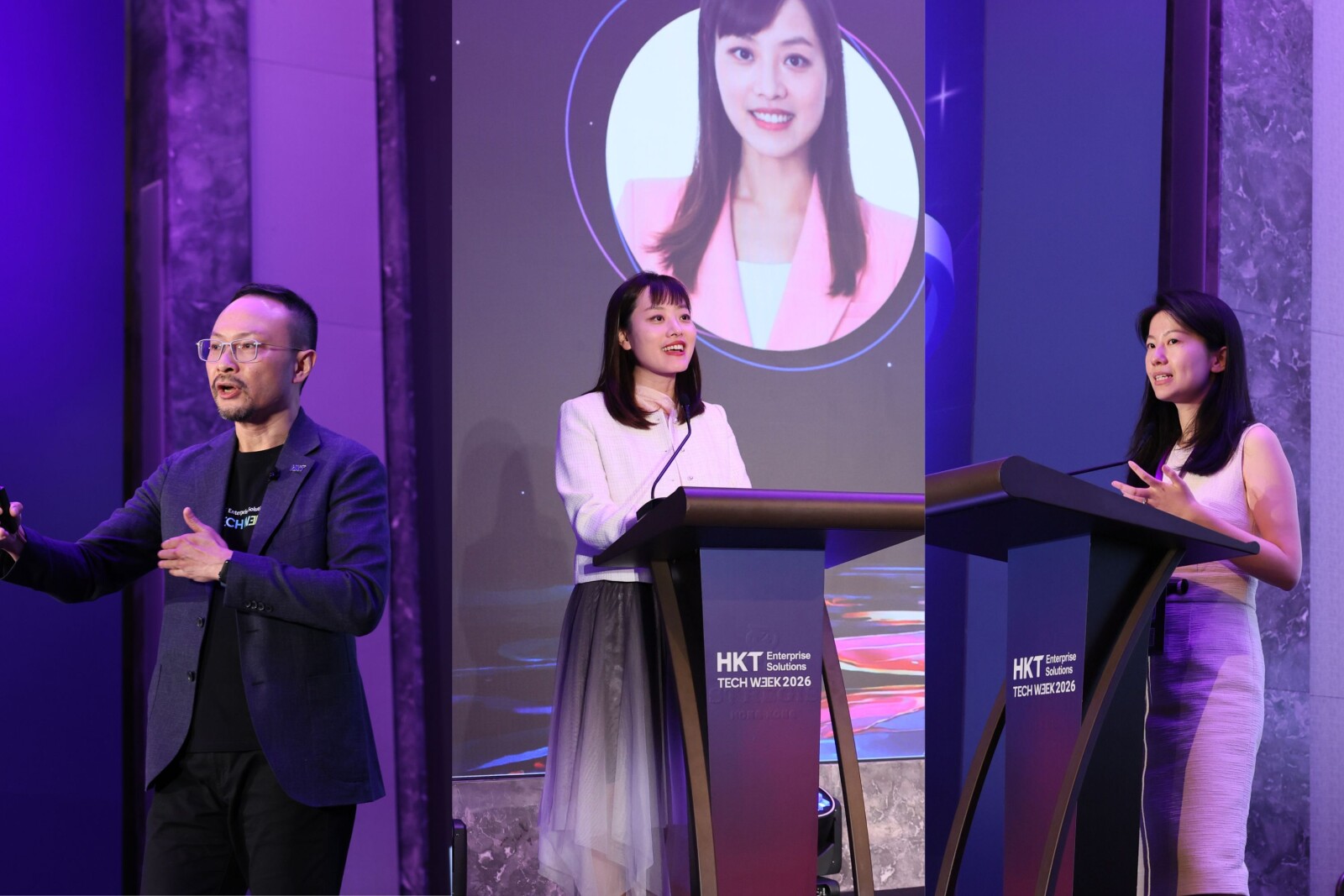 （左起）HKT 商業客戶業務董事總經理吳家隆先生（Steve Ng）、創新科技及工業局副局長張曼莉太平紳士（Lillian Cheong, JP）及 MiniMax 副總裁張煜楠（Yunan Zhang）